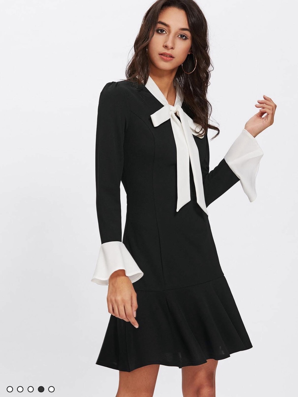SHEIN Black and White Long Sleeve Bow Midi Dress - Picture 4 of 5